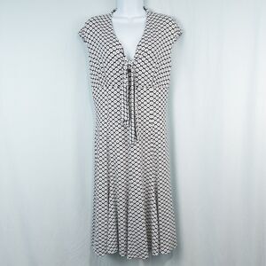 Talbots Geo Print Cap Sleeve Dress Size 6 White Black Stretch Tie Neck Retro